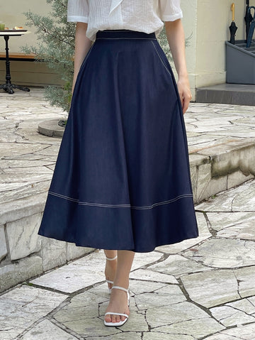 Lopiel Denim Like Banding Flare Long Skirt